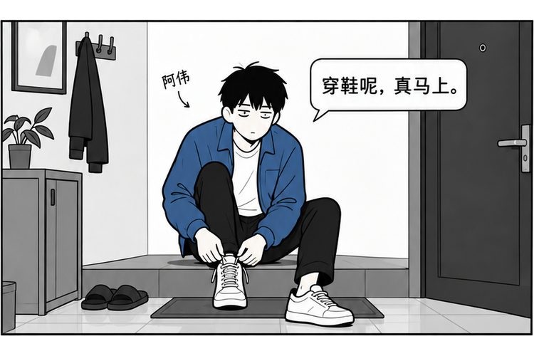 第三格：阿伟还在家里穿鞋，说真的马上到。