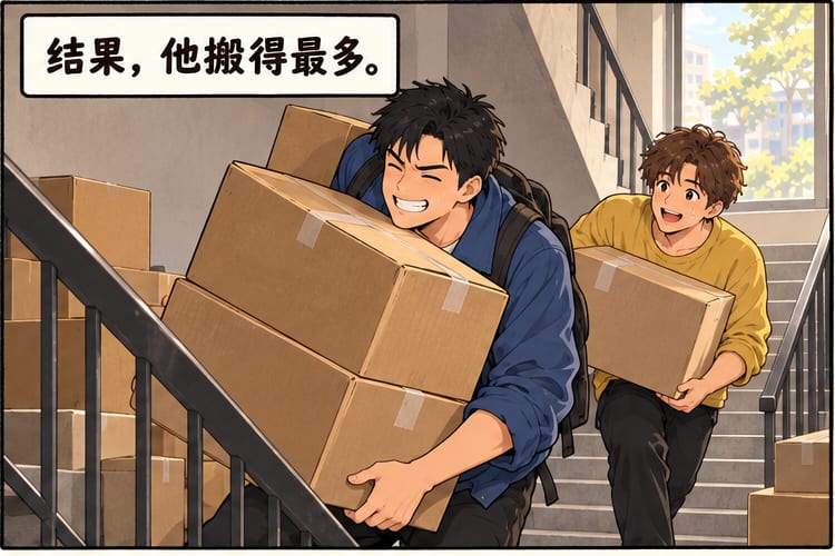 第二格：阿伟接过朋友手里的重箱子。