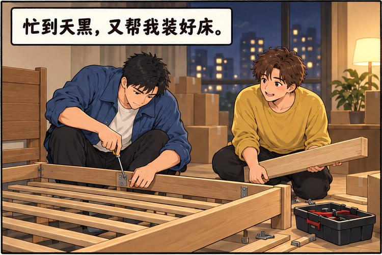 第三格：阿伟忙到天黑，又帮朋友装好了床。
