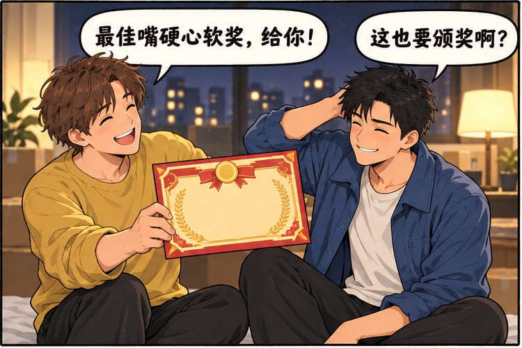 第四格：朋友送出最佳嘴硬心软奖，阿伟说这也要颁奖吗。